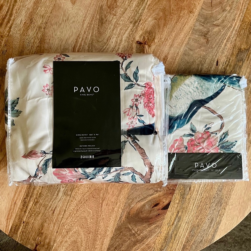 Z Gallerie Pavo Peacock King Duvet Cover & 2 Standard Shams